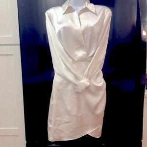 ZARA White Satin Effect Long Sleeve Mock Sarong Lined Midi Dress Sz XS